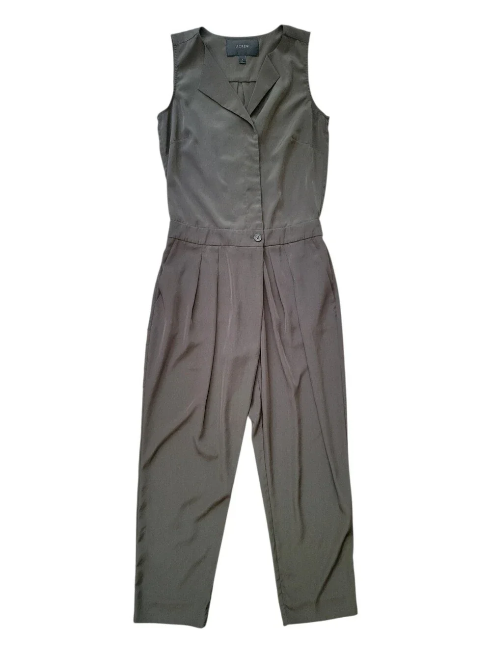 J Crew Trench Jumpsuit Sleeveless Army Green Silky Soft Button Top Classic 2
